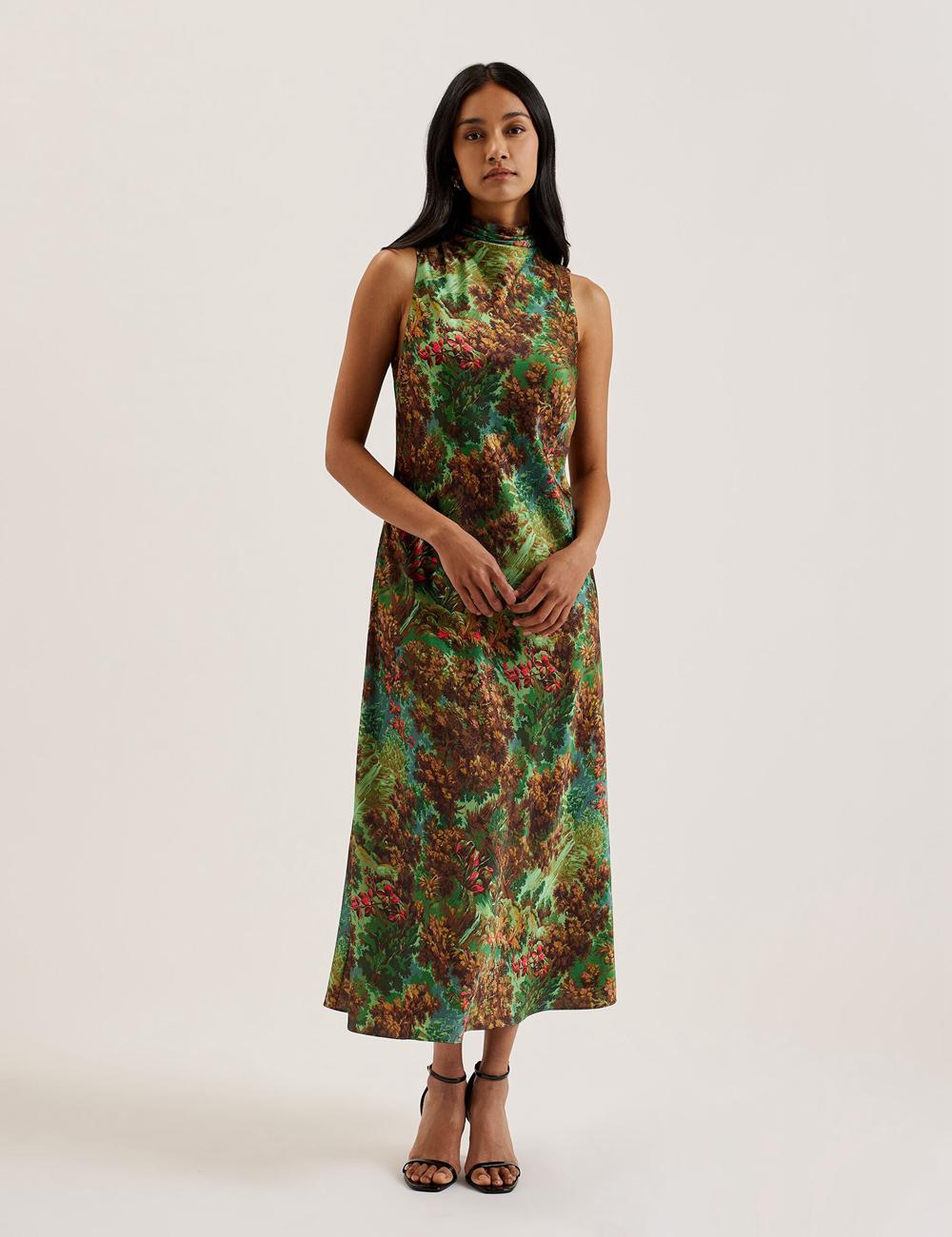 Ted Baker EYVA - Satin Printed High Neck Midi Slip ミディドレス レディース 緑 | Japan  IOAM-73521