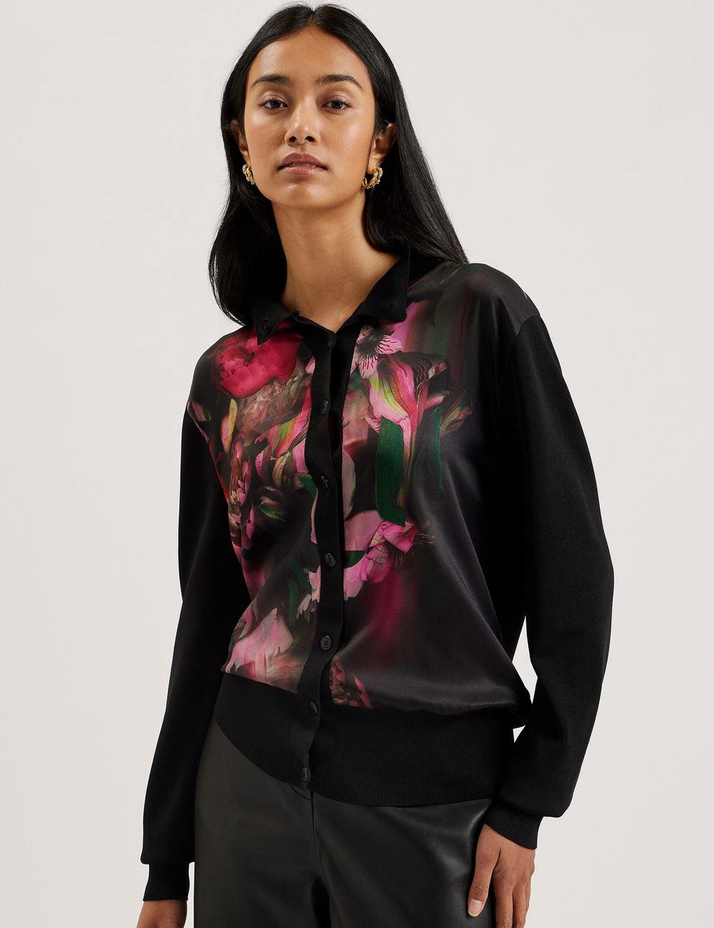 Ted Baker GEMHAA - Printed Panel Long Sleeve カーディガン レディース 黒 | Japan  DSOE-85923