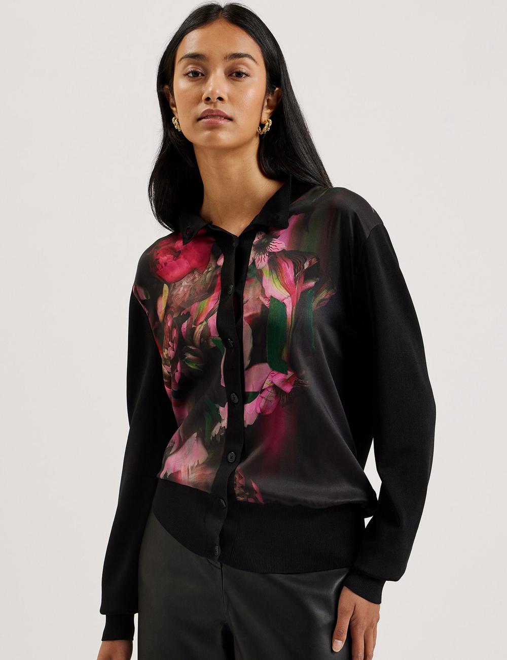 Ted Baker GEMHAA - Printed Panel Long Sleeve カーディガン レディース 黒 | Japan  DSOE-85923