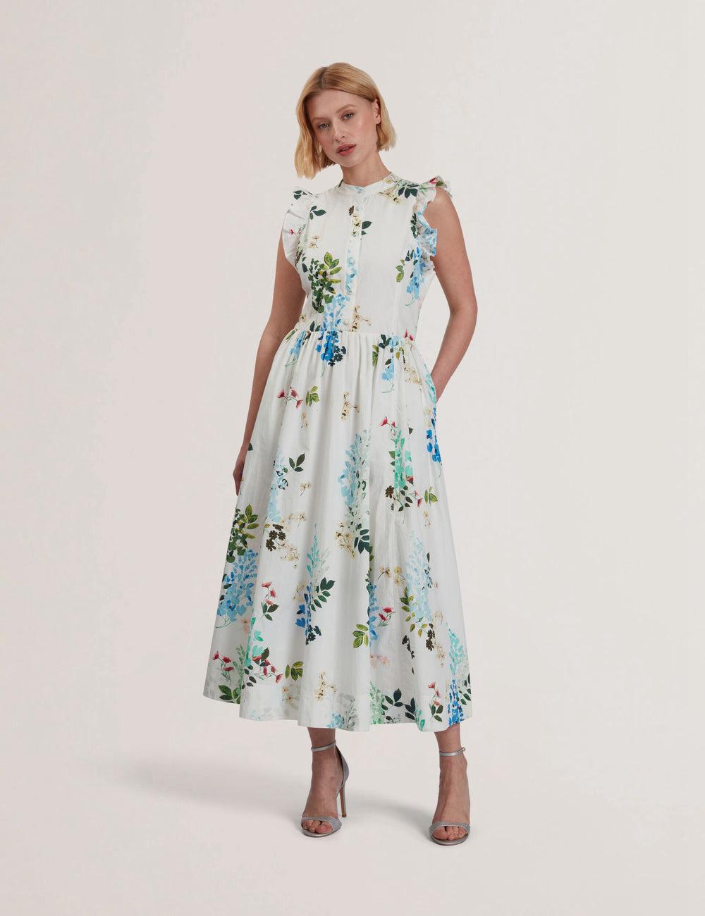 Ted Baker GIOLIA - Sleeveless Floral Cotton A-Line ミディドレス レディース 白 | Japan  XAHN-49187