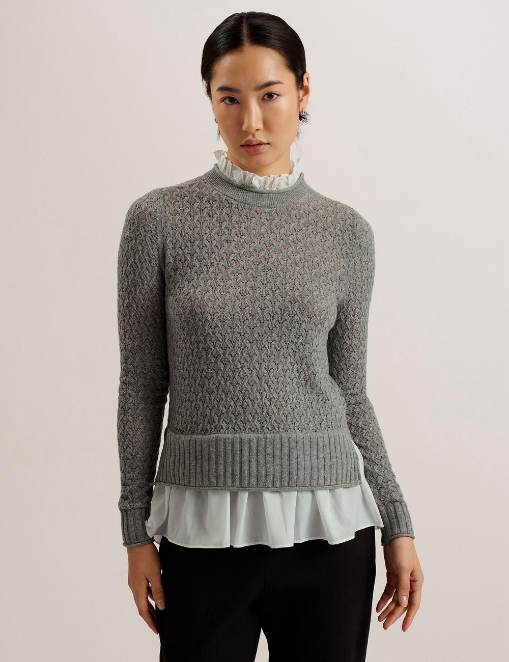 Ted Baker HOLINAS - Pointelle Knit With Shirt Hem ジャンパー レディース グレー | Japan  GUCY-46538