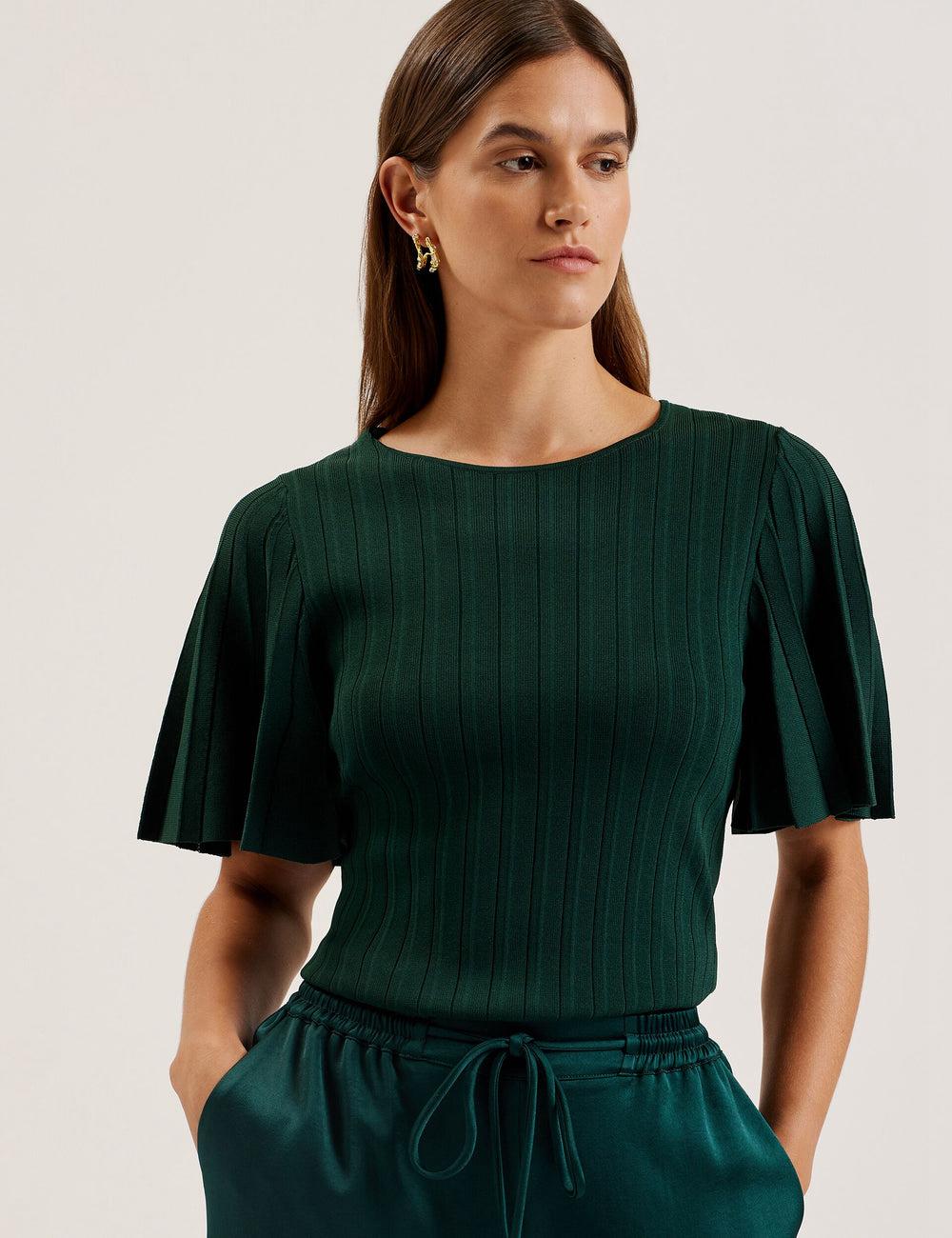 Ted Baker IIVANNA - Ribbed Knit Top With Fluted Short Sleeves ジャンパー レディース 緑 | Japan  MECP-76123