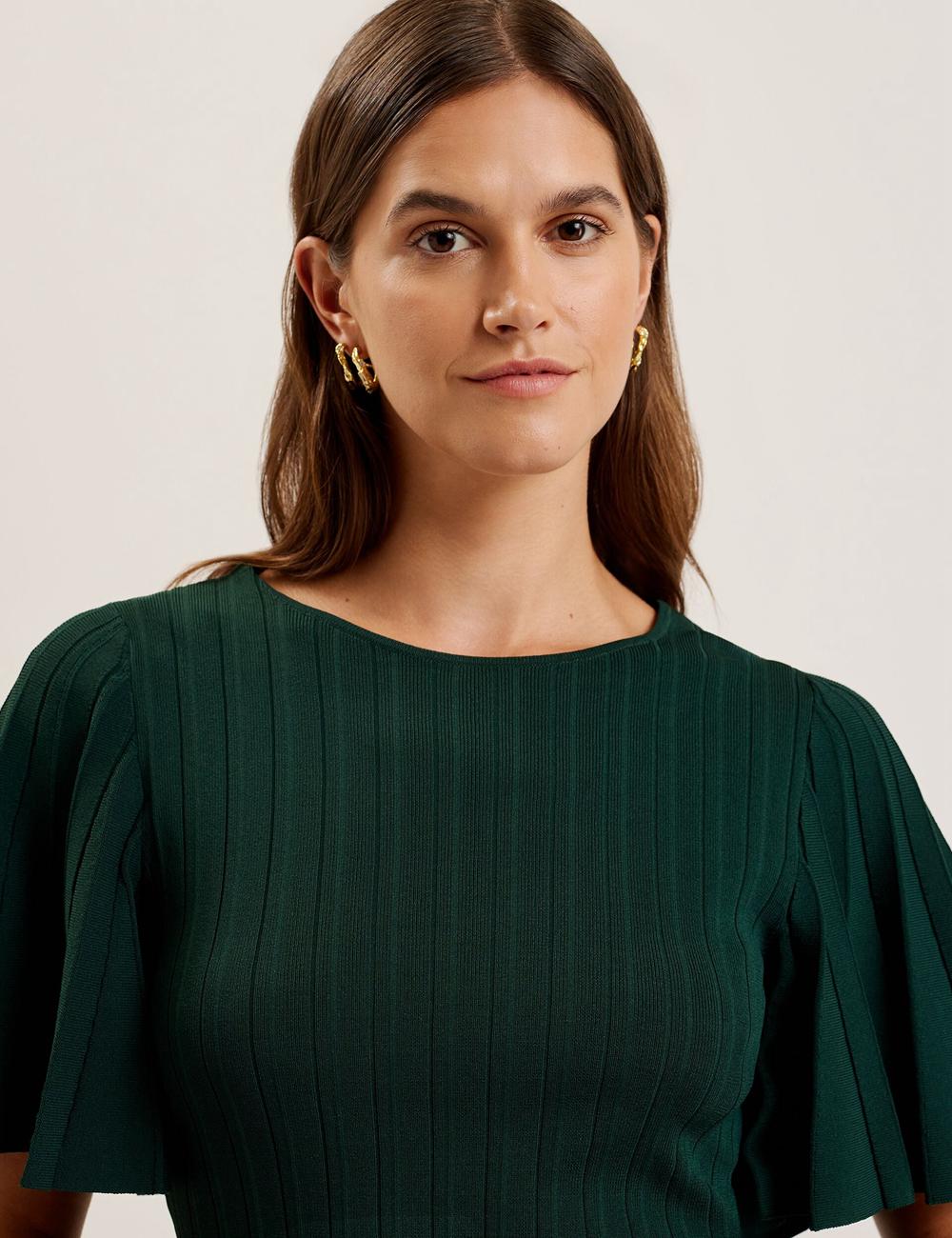 Ted Baker IIVANNA - Ribbed Knit Top With Fluted Short Sleeves ジャンパー レディース 緑 | Japan  MECP-76123