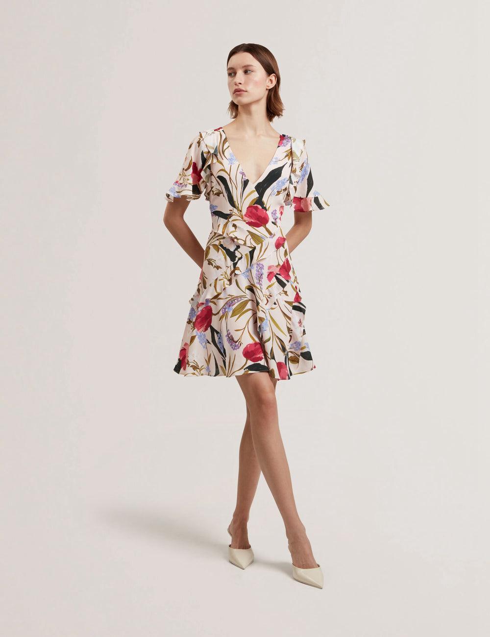 Ted Baker ISSIIA - Frill Trim Floral Short Sleeve ミニドレス レディース ピンク | Japan  PLSM-32419