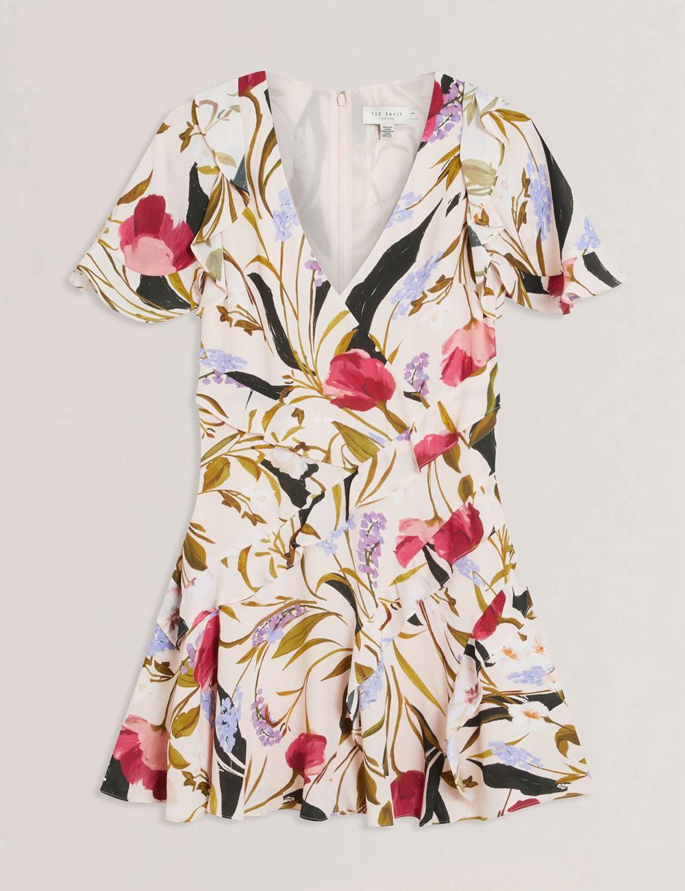 Ted Baker ISSIIA - Frill Trim Floral Short Sleeve ミニドレス レディース ピンク | Japan  PLSM-32419