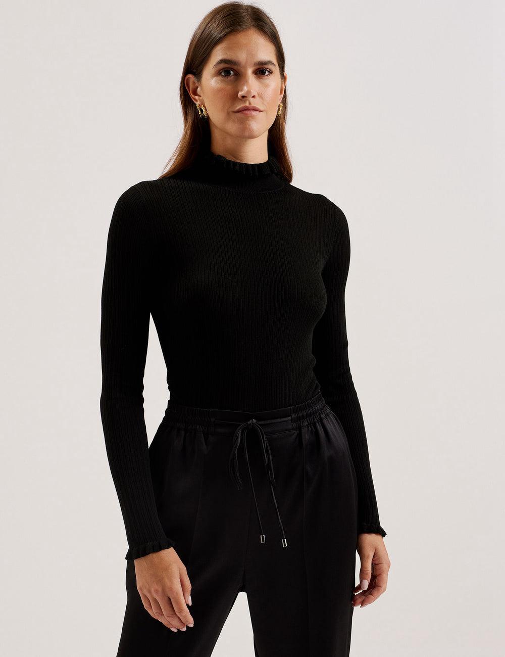 Ted Baker JANITTT - Ruffle Trim High Neck Ribbed ジャンパー レディース 黒 | Japan  EGVO-87241