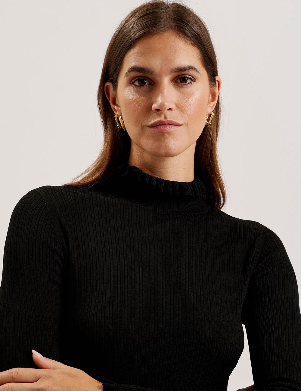 Ted Baker JANITTT - Ruffle Trim High Neck Ribbed ジャンパー レディース 黒 | Japan  EGVO-87241