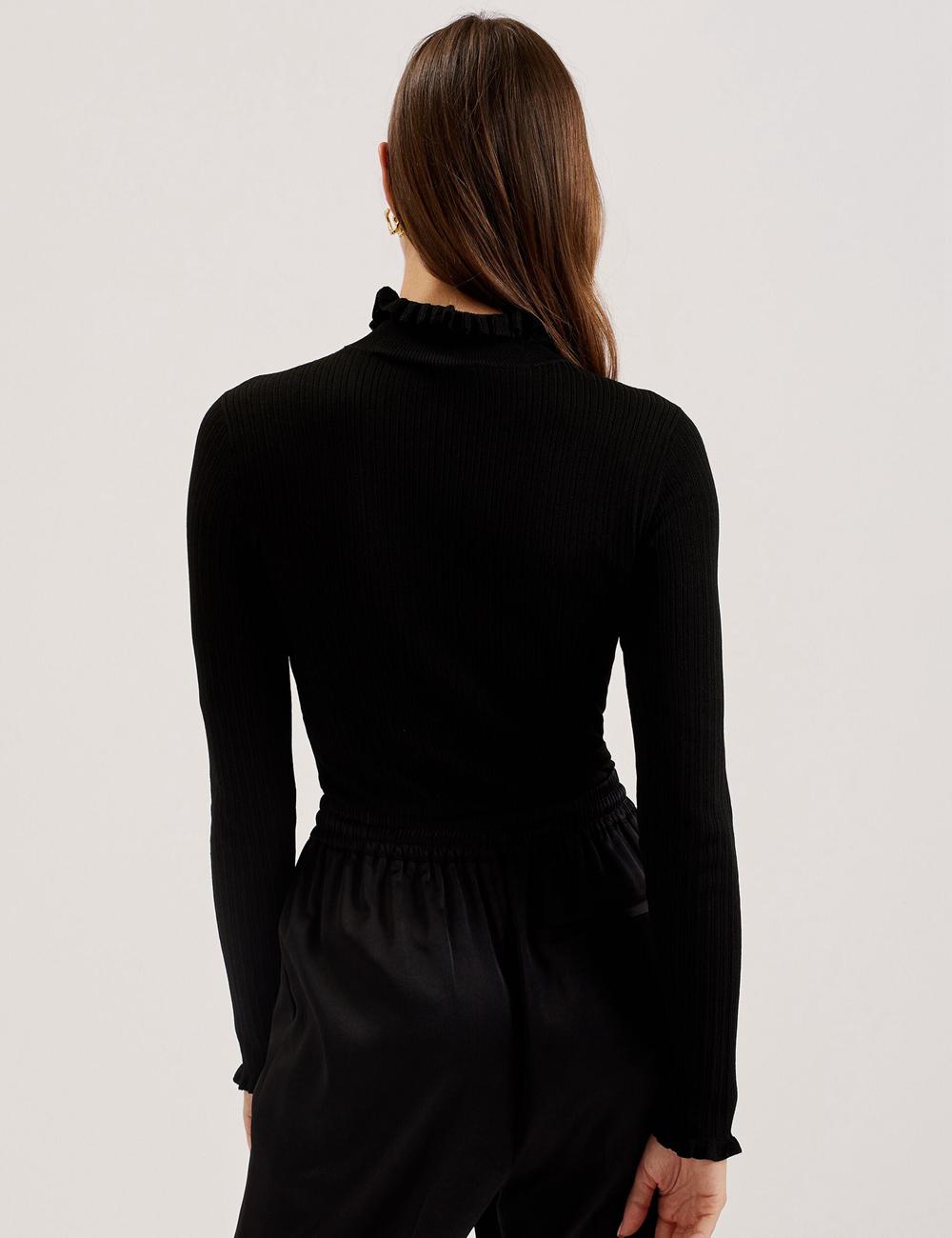 Ted Baker JANITTT - Ruffle Trim High Neck Ribbed ジャンパー レディース 黒 | Japan  EGVO-87241