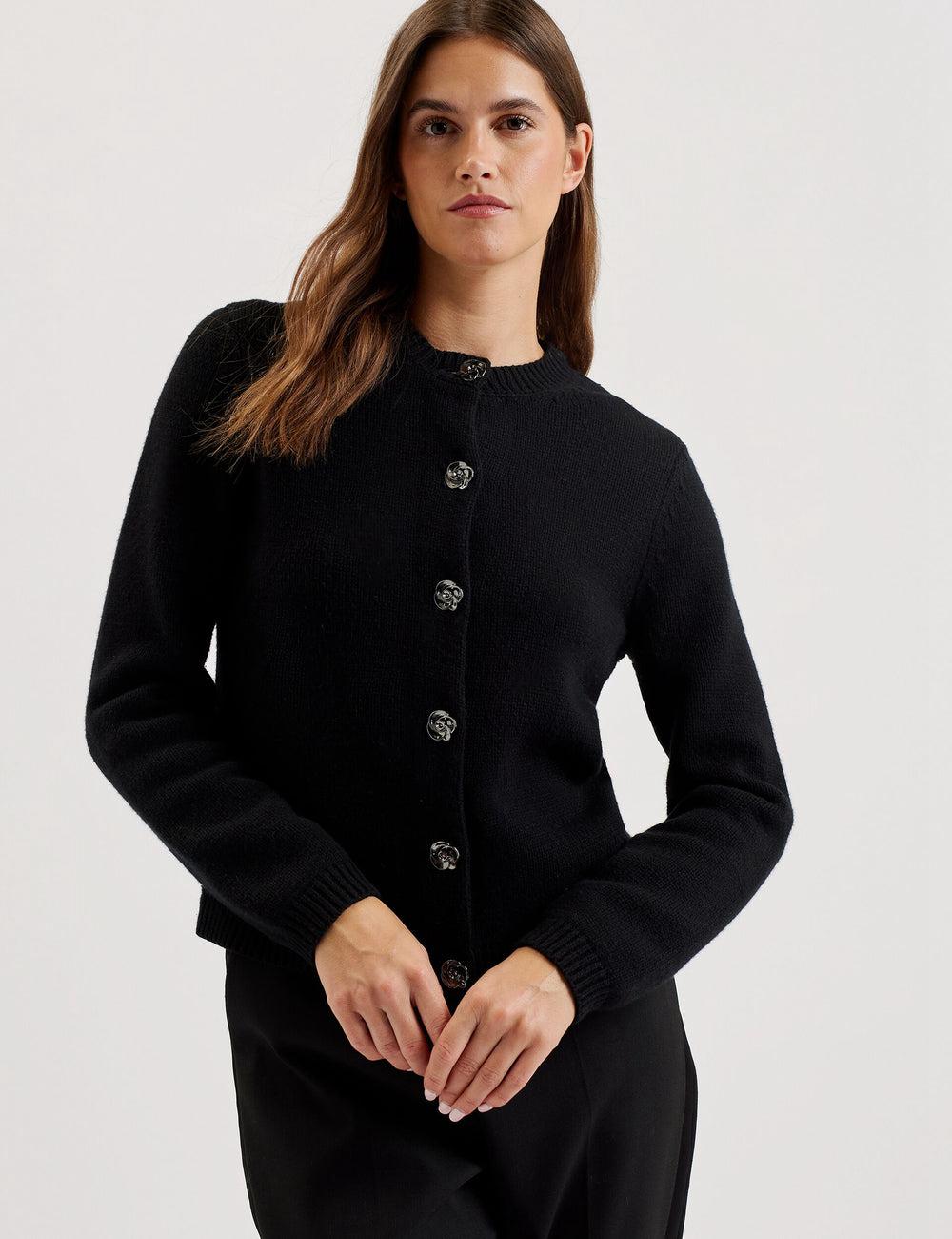 Ted Baker JAYCEY - Rose Button Knitted Crew Neck カーディガン レディース 黒 | Japan  YVRZ-32750