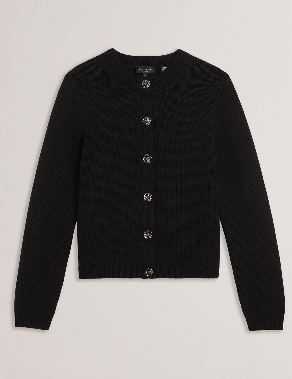 Ted Baker JAYCEY - Rose Button Knitted Crew Neck カーディガン レディース 黒 | Japan  YVRZ-32750