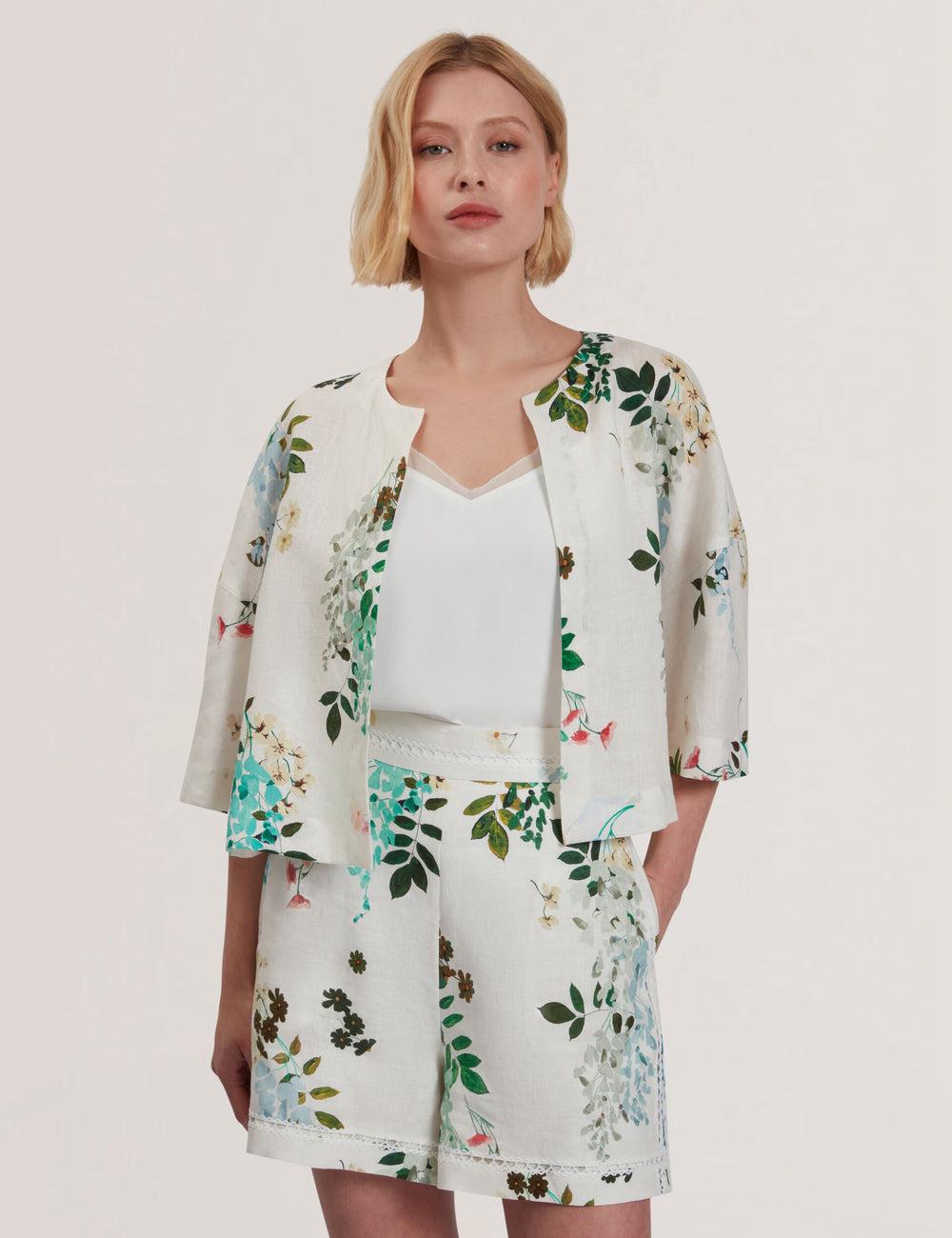 Ted Baker KALNA - Printed Linen Short Sleeve Cropped Shirt トップス レディース 白 | Japan  UOPJ-68574