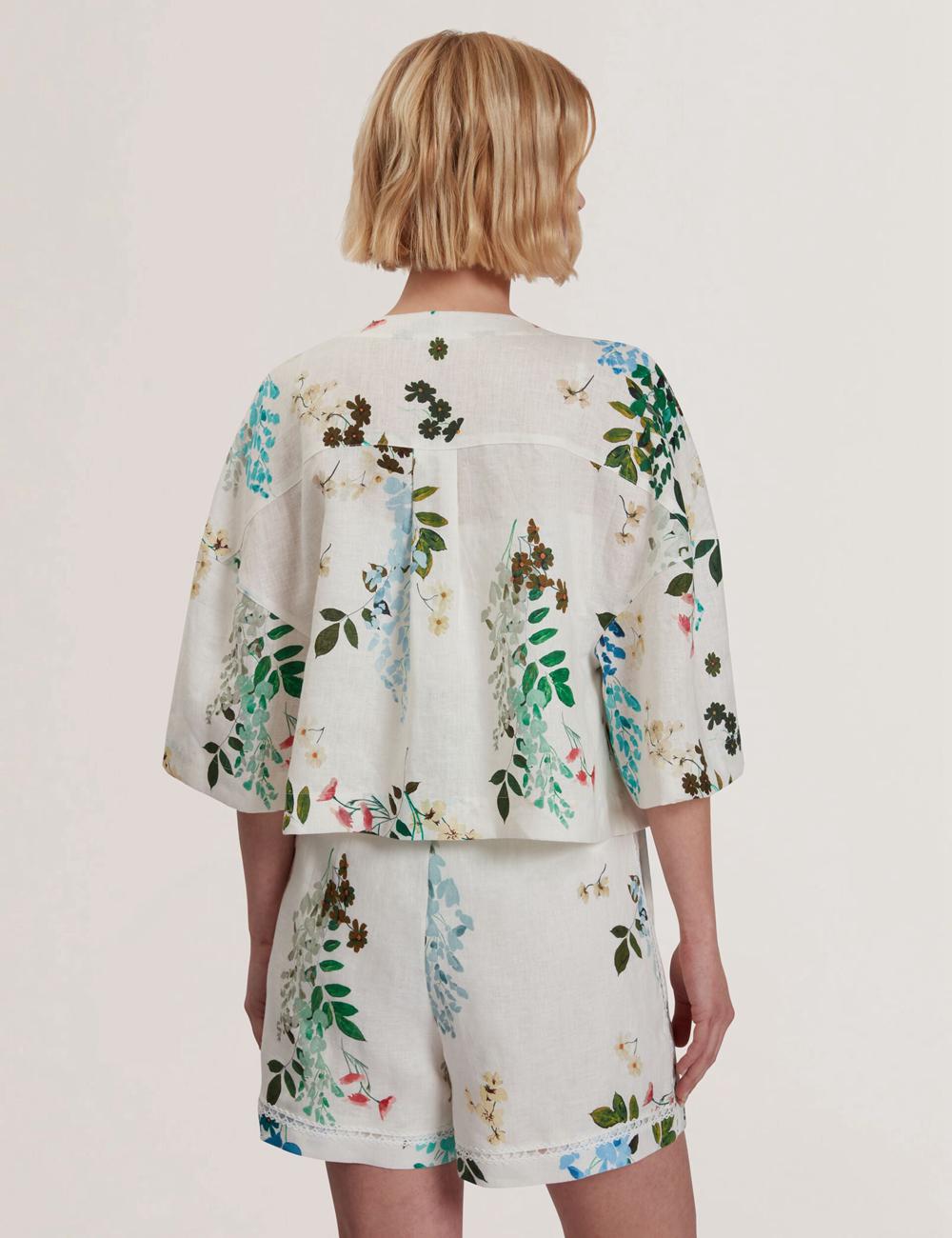 Ted Baker KALNA - Printed Linen Short Sleeve Cropped Shirt トップス レディース 白 | Japan  UOPJ-68574
