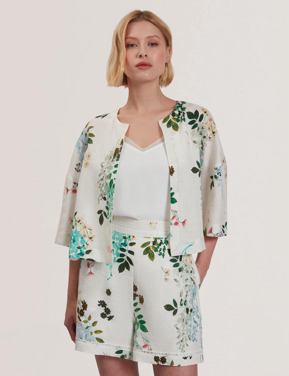 Ted Baker KALNA - Printed Linen Short Sleeve Cropped Shirt トップス レディース 白 | Japan  UOPJ-68574