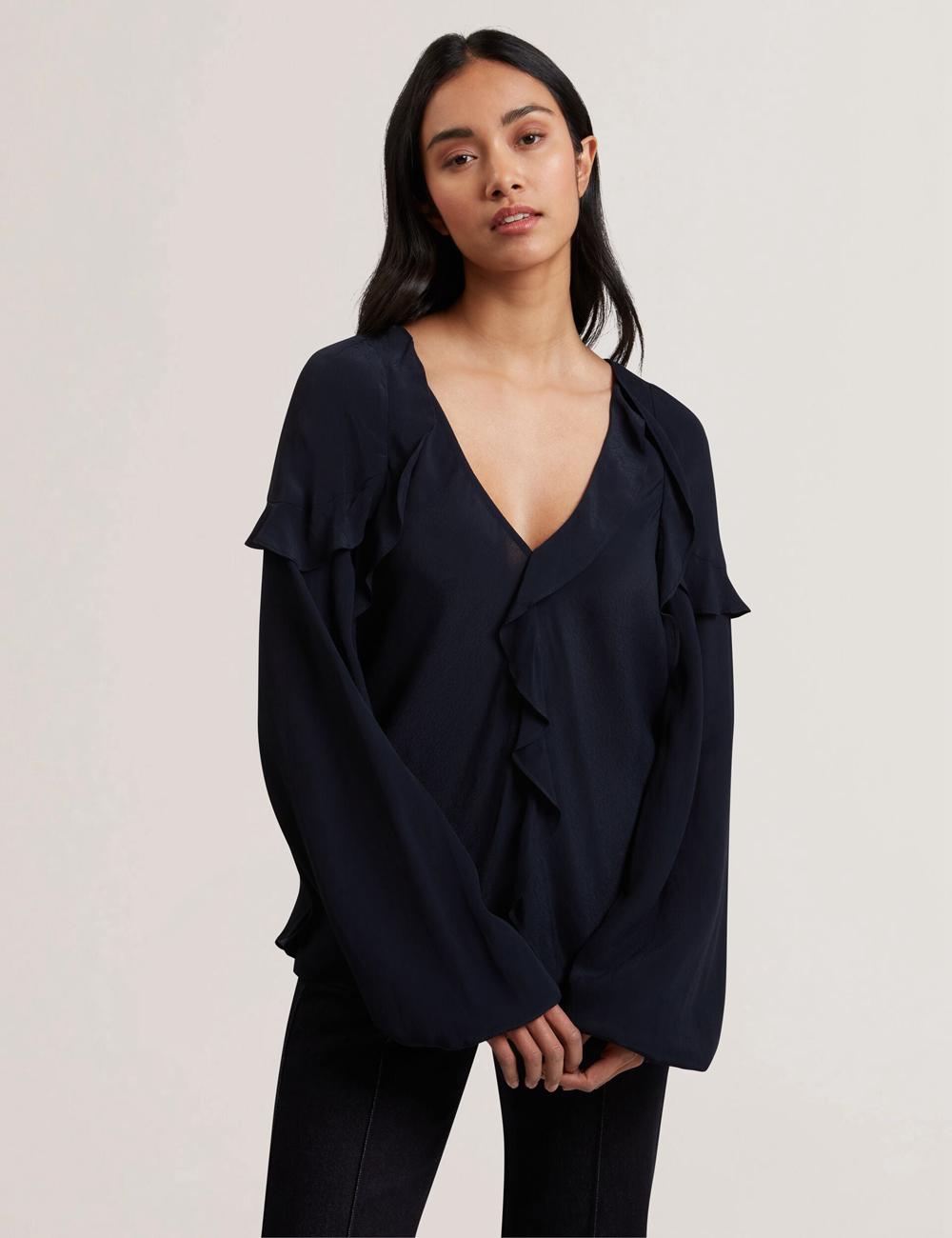 Ted Baker KAYFA - Waterfall Ruffle Trim Long Sleeve ブラウス レディース ネイビー | Japan  UKJC-97421