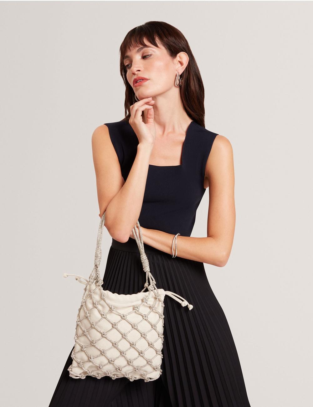 Ted Baker KYLISA - Crystal Cage Top Handle Canvas バケットバッグ レディース シルバー | Japan  IORW-25174