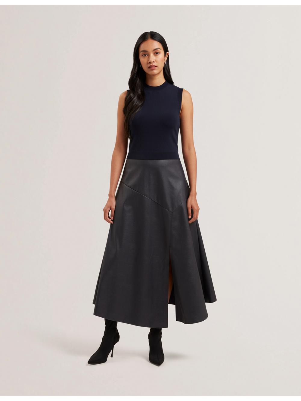 Ted Baker LABASA - Sleeveless Knit Faux Leather ミディドレス レディース ネイビー | Japan  LJQX-69247