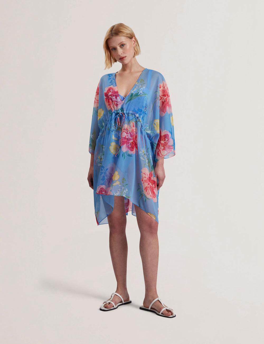 Ted Baker LARJA - Floral Print Chiffon Mini Beach Kaftan カバーアップ レディース 青 | Japan  SLGT-59012