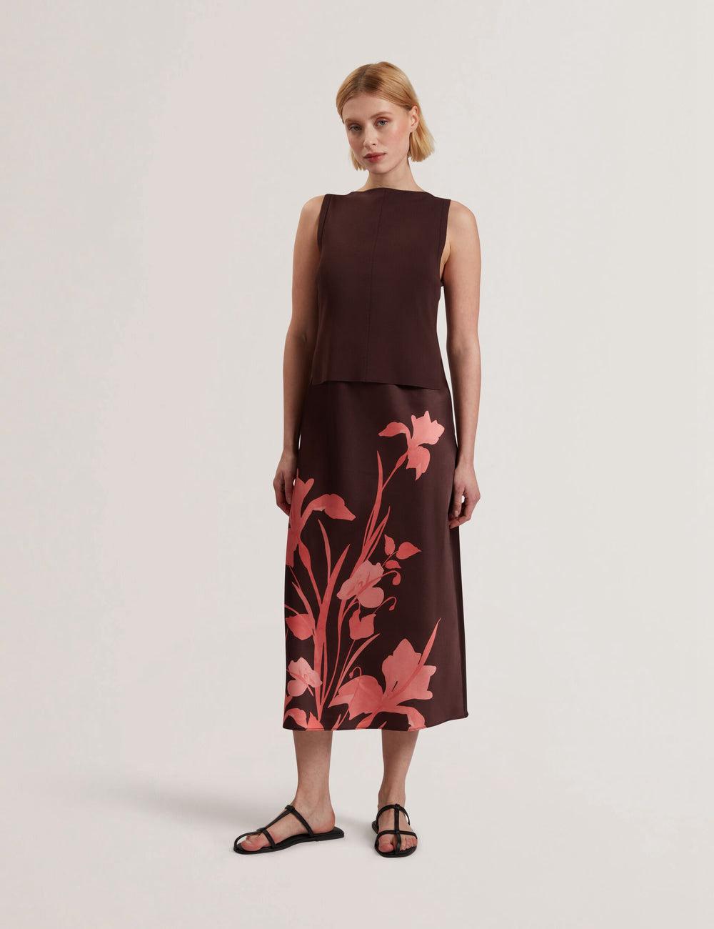 Ted Baker LATTENA - Printed Satin With Removable Tank ミディドレス レディース ブラウン | Japan  YCUK-15802