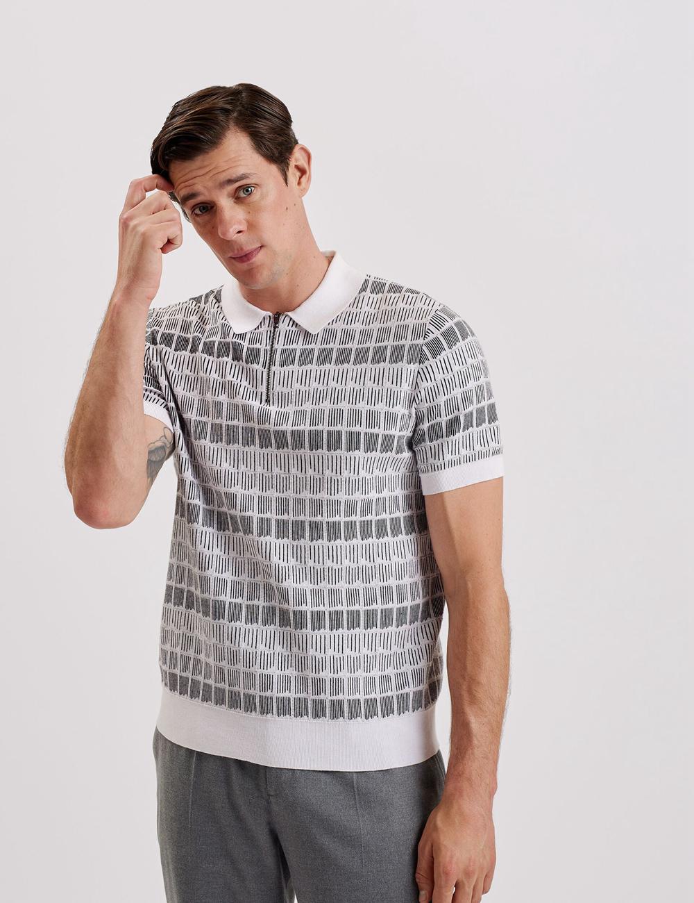 Ted Baker LEVERS - Ombre Jacquard Zip Neck ポロシャツ メンズ 白 | Japan  UOLF-46973