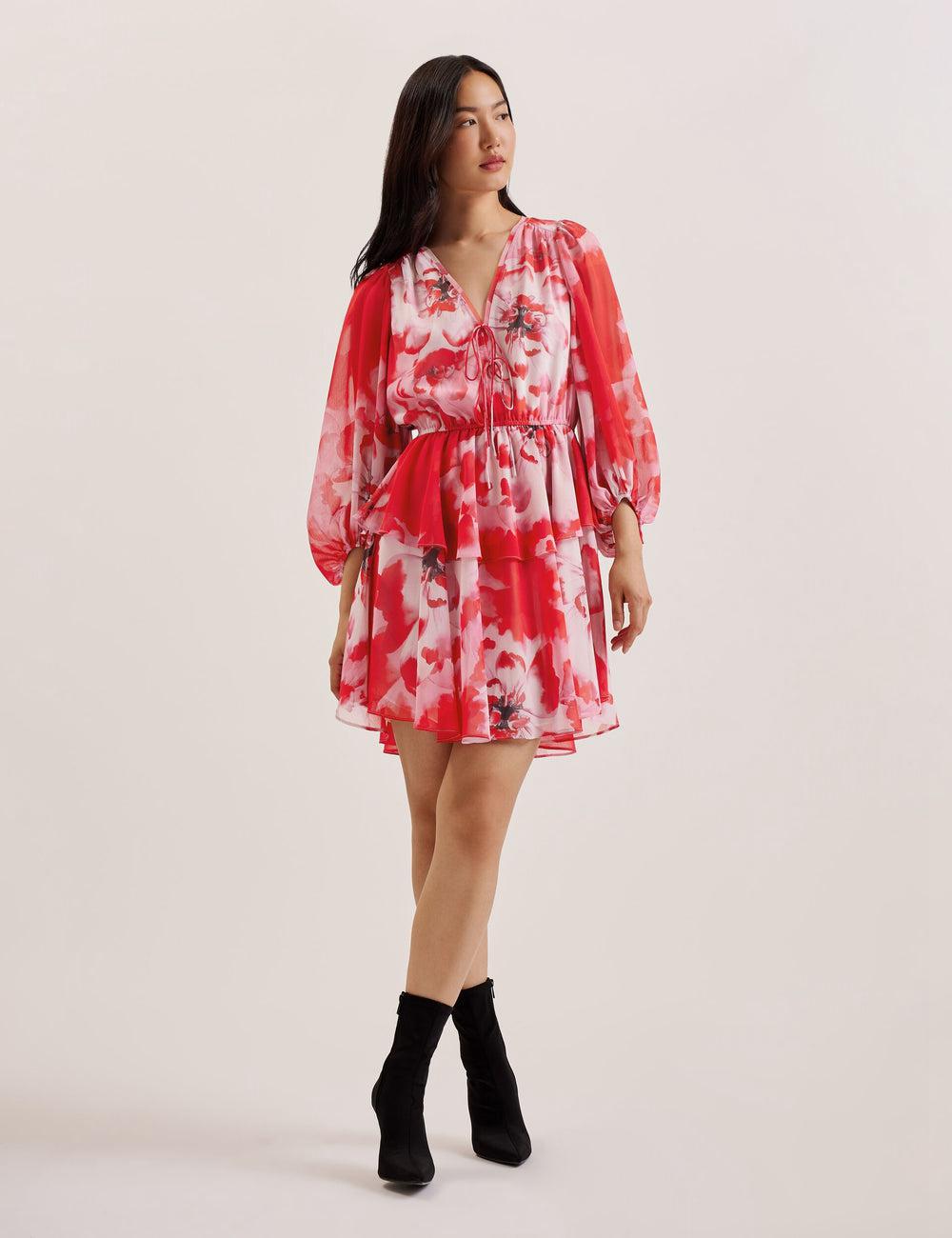 Ted Baker LEYNA - Floral Chiffon Front ミニドレス レディース 赤 | Japan  YELW-09716