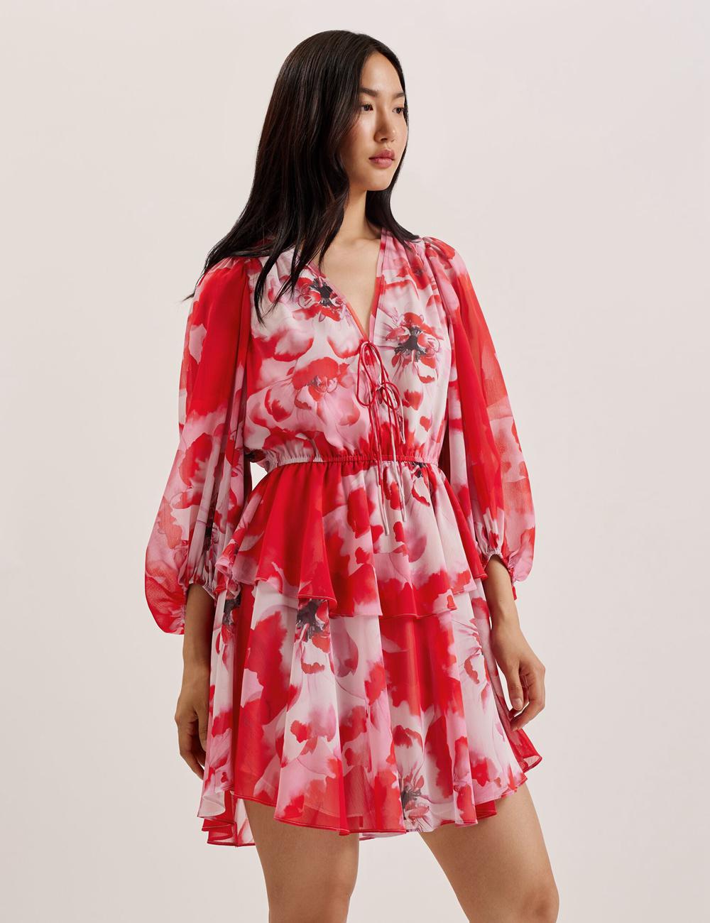Ted Baker LEYNA - Floral Chiffon Front ミニドレス レディース 赤 | Japan  YELW-09716