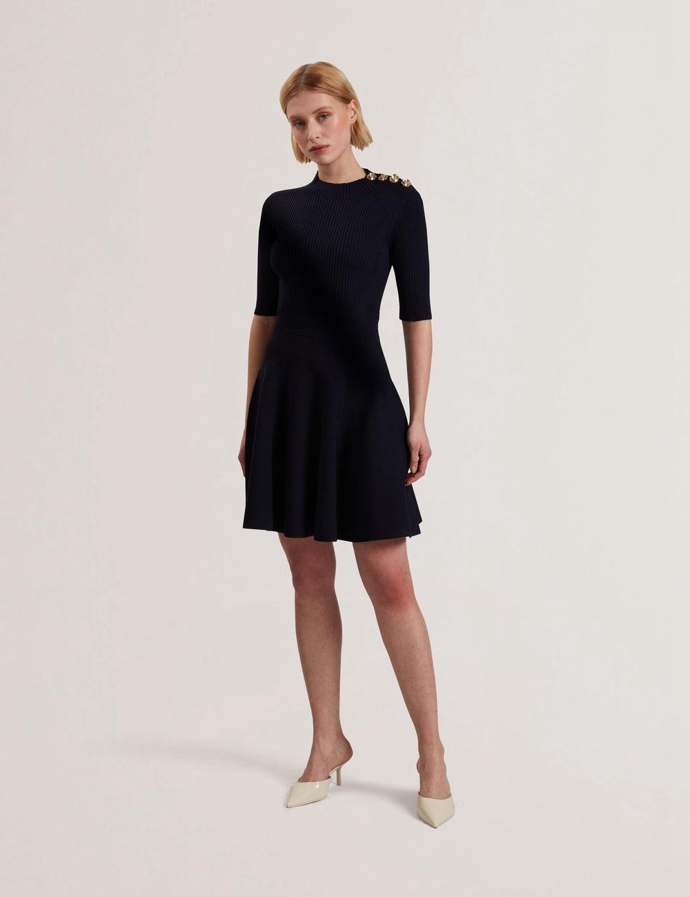 Ted Baker LILANO - Ribbed Knit Skater With Rose Buttons ミニドレス レディース ネイビー | Japan  WYFN-03865