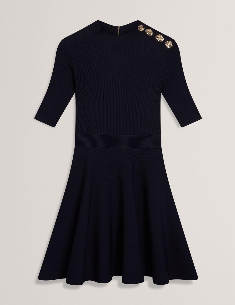 Ted Baker LILANO - Ribbed Knit Skater With Rose Buttons ミニドレス レディース ネイビー | Japan  WYFN-03865