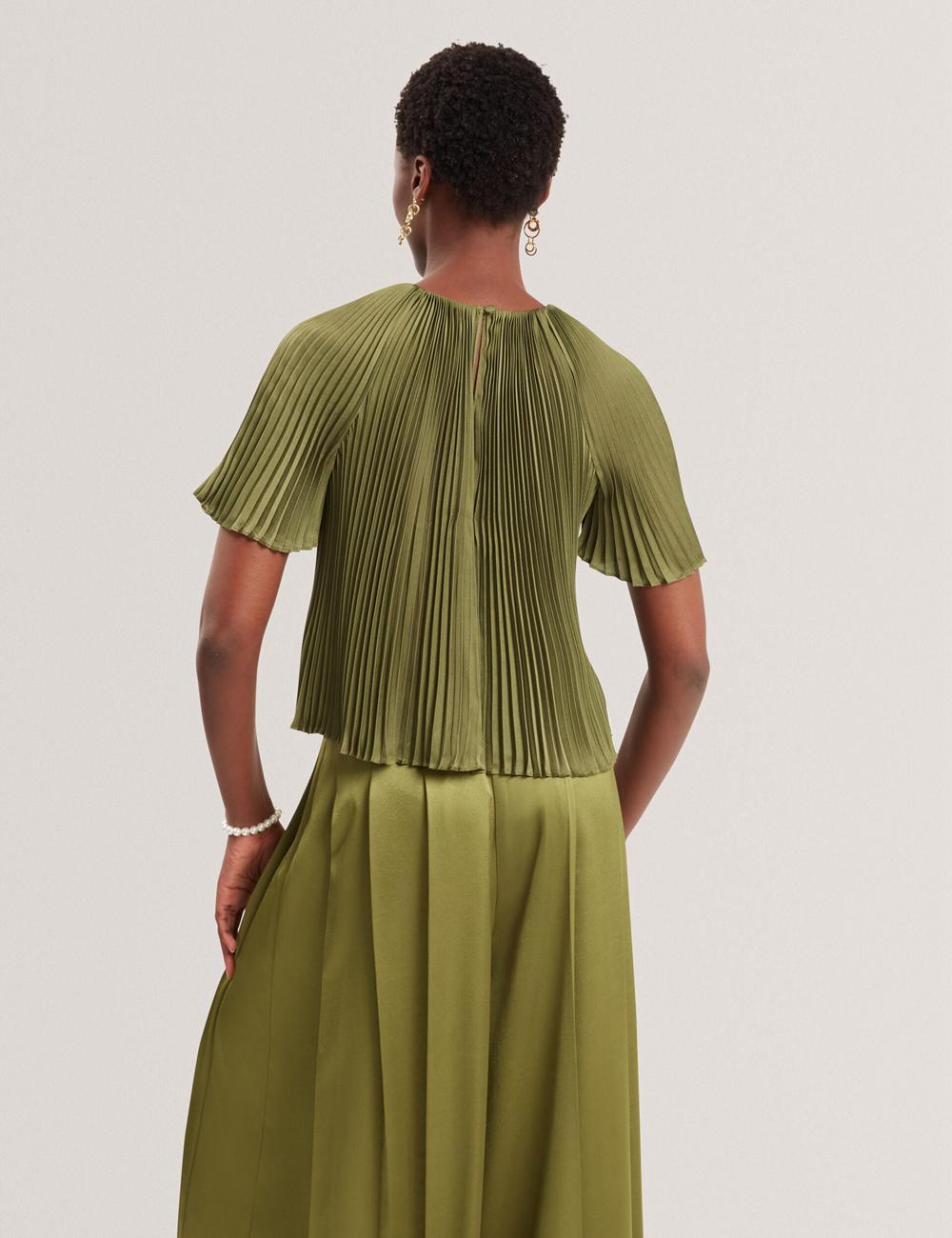 Ted Baker LIONAA - Floral Graphic Pleated Satin Short Sleeve ブラウス レディース 緑 | Japan  HPEL-91054