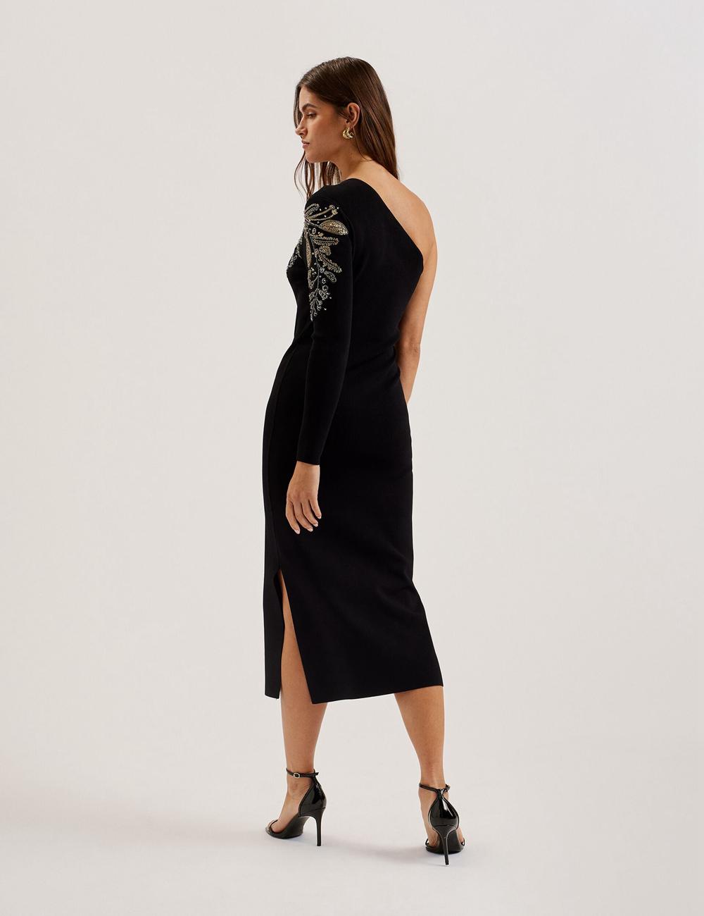 Ted Baker LIZYYY - One Shoulder Embellished Knit ミディドレス レディース 黒 | Japan  AUIZ-57816