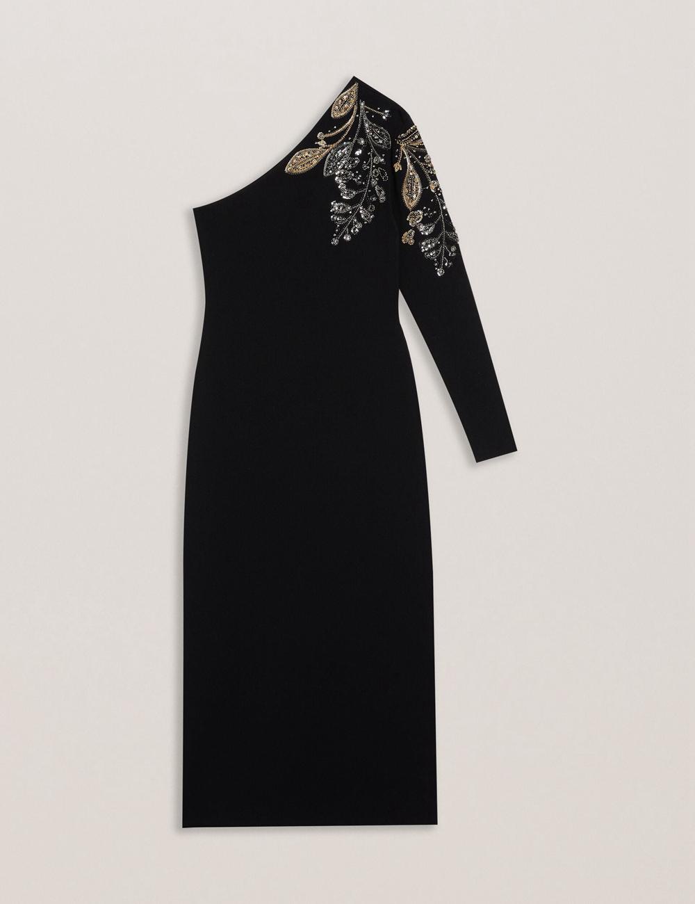 Ted Baker LIZYYY - One Shoulder Embellished Knit ミディドレス レディース 黒 | Japan  AUIZ-57816