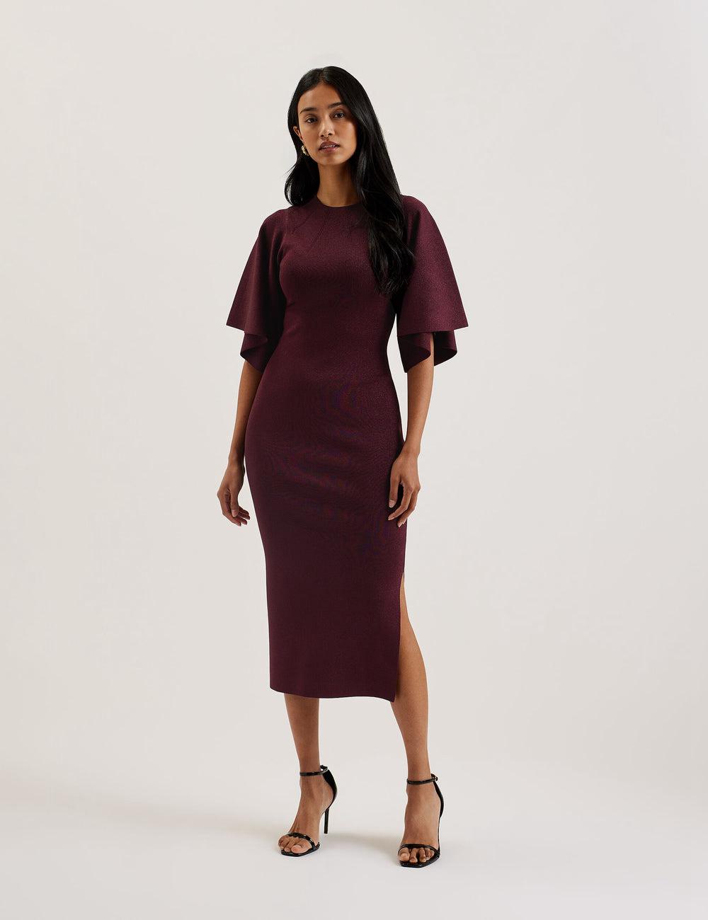 Ted Baker LOUANAA - Metallic Knit Fluted Sleeve ミディドレス レディース 赤 | Japan  MOVG-65421