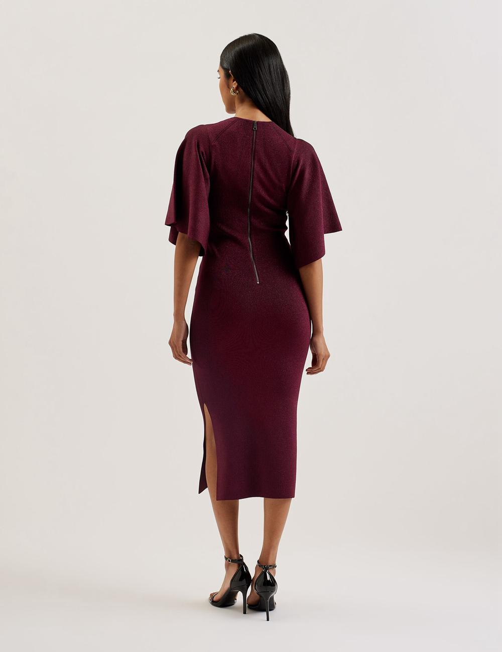 Ted Baker LOUANAA - Metallic Knit Fluted Sleeve ミディドレス レディース 赤 | Japan  MOVG-65421