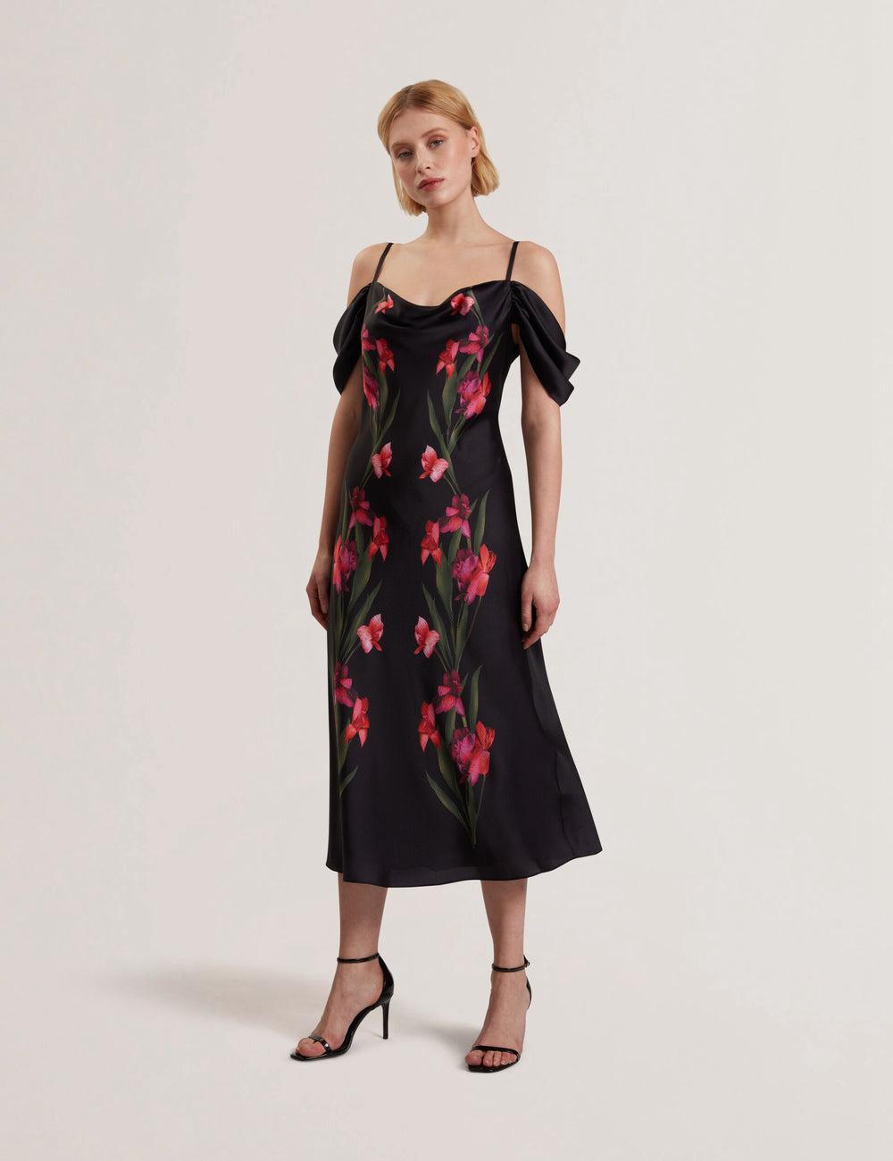 Ted Baker LUCERN - Floral Satin Off Shoulder Bias ミディドレス レディース 黒 | Japan  HULJ-68124