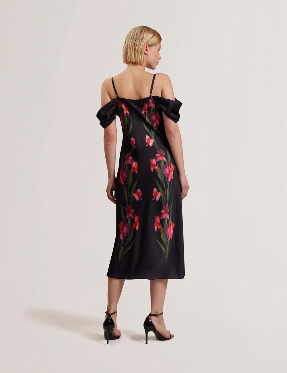 Ted Baker LUCERN - Floral Satin Off Shoulder Bias ミディドレス レディース 黒 | Japan  HULJ-68124