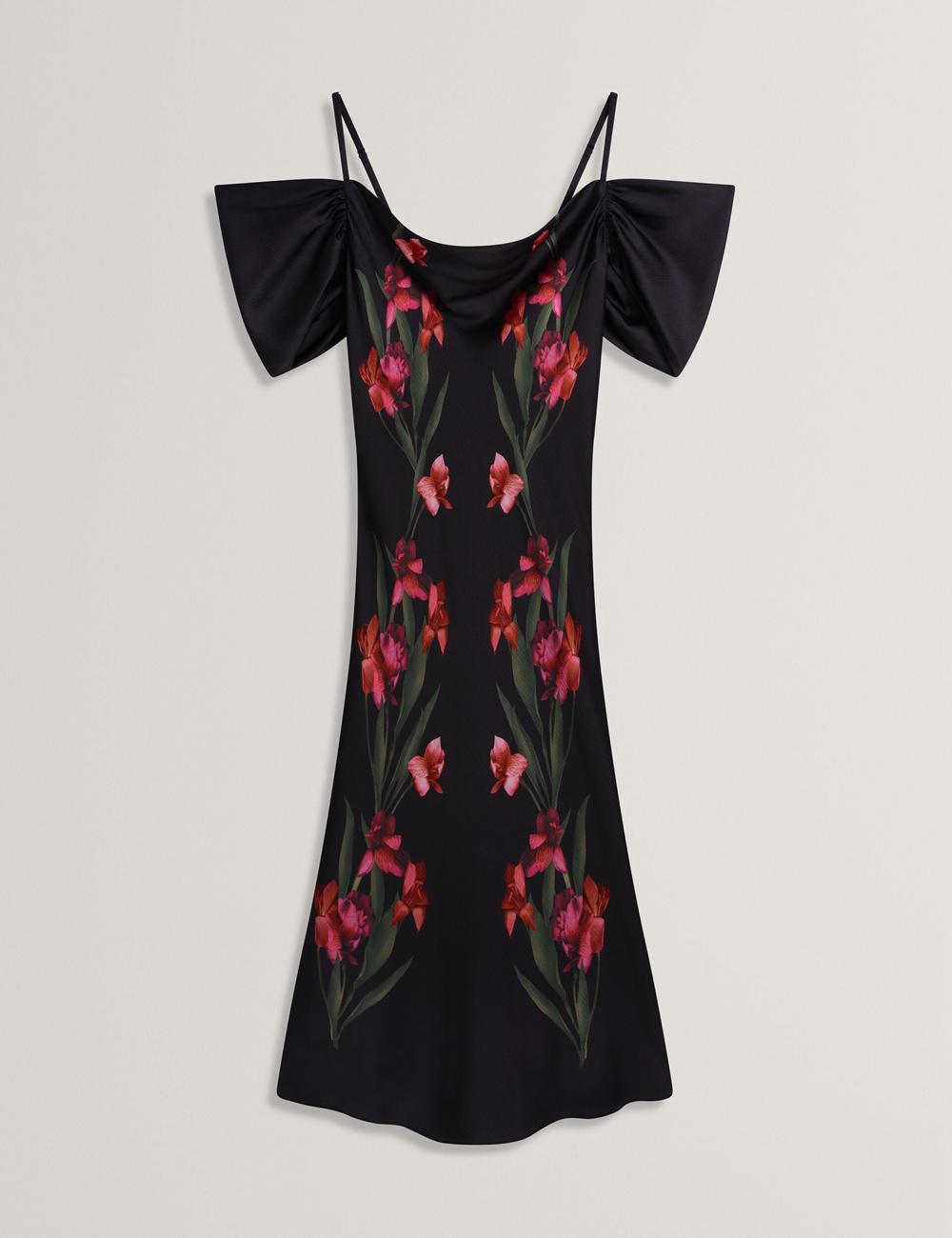 Ted Baker LUCERN - Floral Satin Off Shoulder Bias ミディドレス レディース 黒 | Japan  HULJ-68124