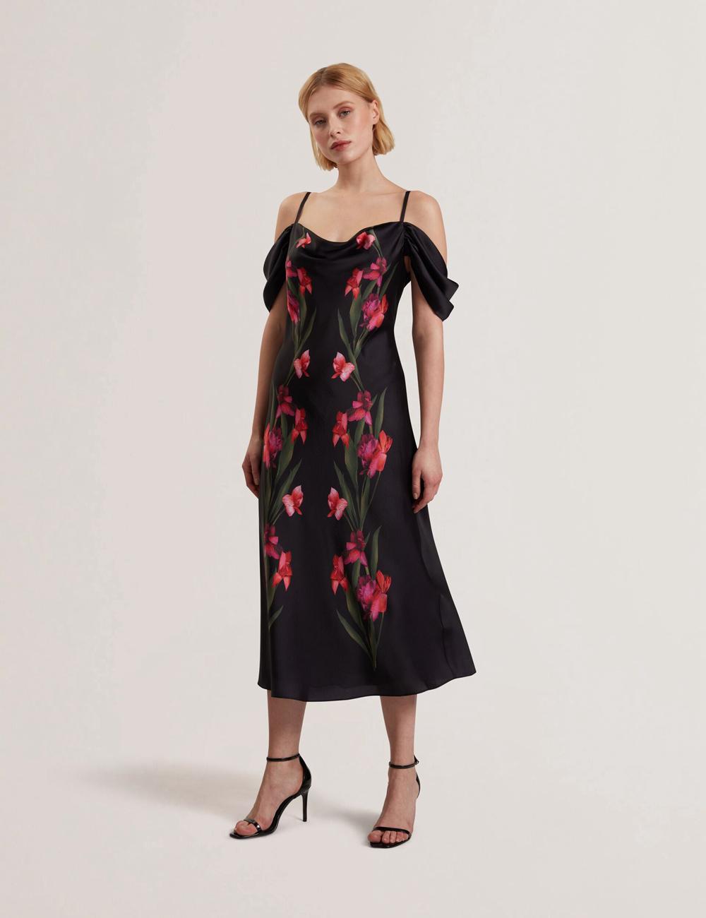 Ted Baker LUCERN - Floral Satin Off Shoulder Bias ミディドレス レディース 黒 | Japan  HULJ-68124