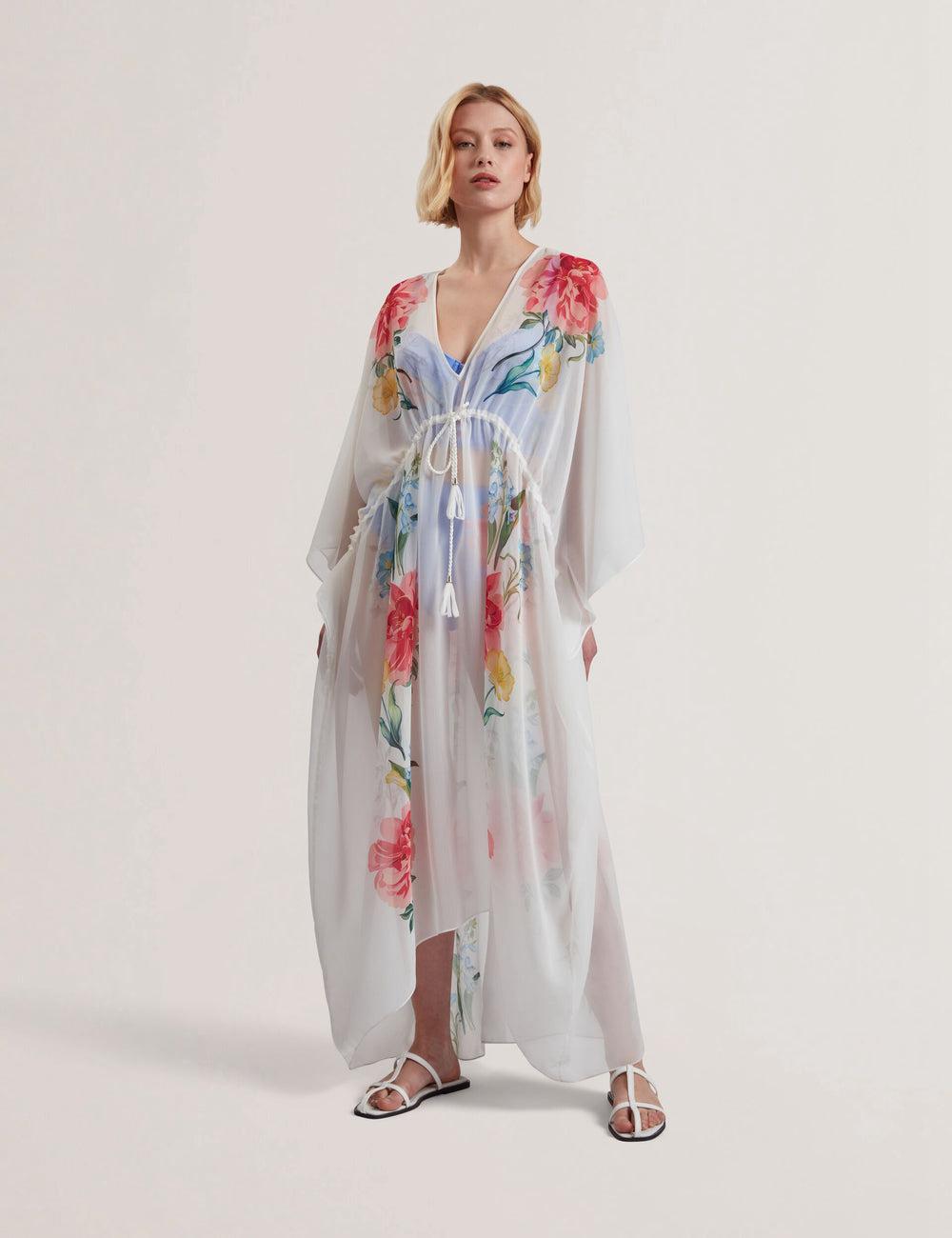 Ted Baker LUUSAA - Floral V-Neck Maxi Kaftan Beach Dress カバーアップ レディース 白 | Japan  AKTI-39012