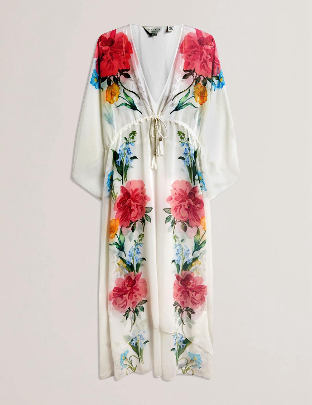 Ted Baker LUUSAA - Floral V-Neck Maxi Kaftan Beach Dress カバーアップ レディース 白 | Japan  AKTI-39012
