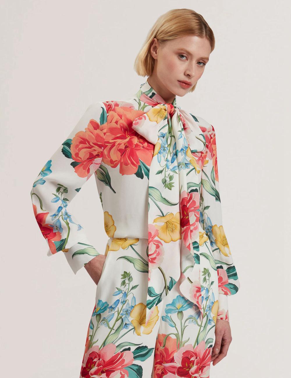 Ted Baker LUUSILE - Floral Print Neck Long Sleeve ブラウス レディース 白 | Japan  PWQU-13762