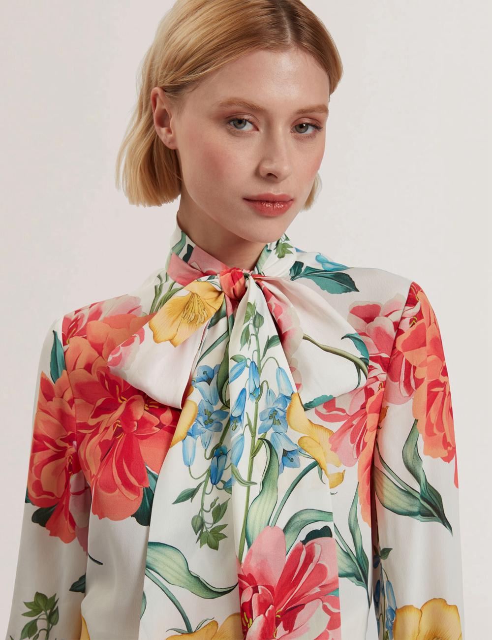 Ted Baker LUUSILE - Floral Print Neck Long Sleeve ブラウス レディース 白 | Japan  PWQU-13762