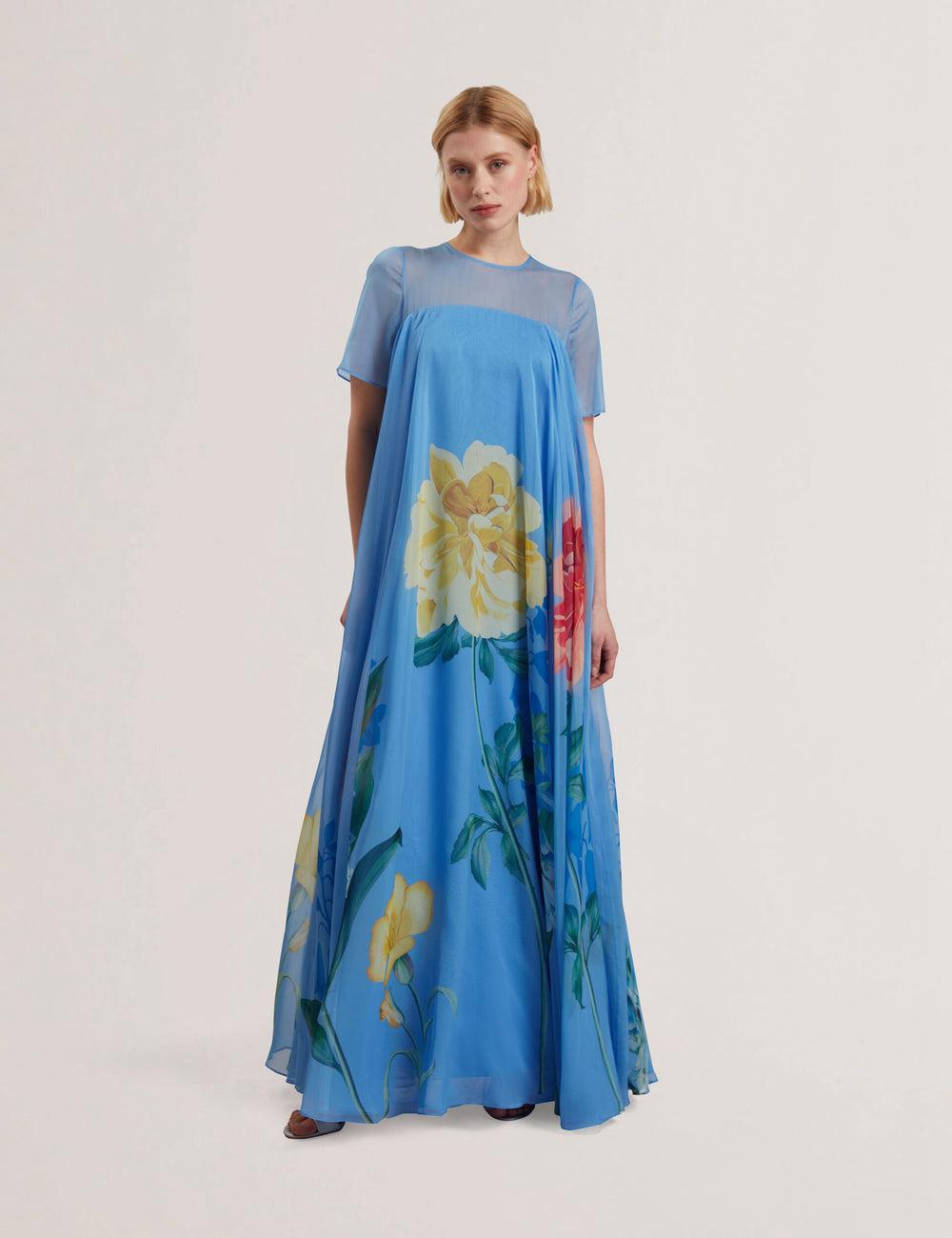 Ted Baker MALRIE - Sheer Neck Floral Trapeze マキシドレス レディース 青 | Japan  ZCFP-56914