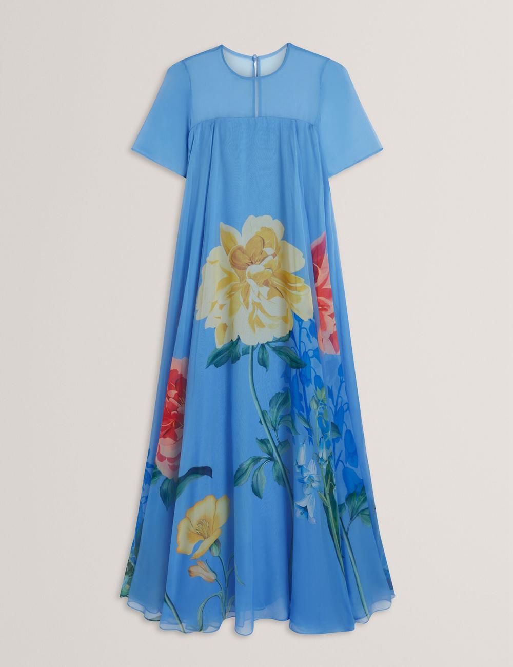 Ted Baker MALRIE - Sheer Neck Floral Trapeze マキシドレス レディース 青 | Japan  ZCFP-56914