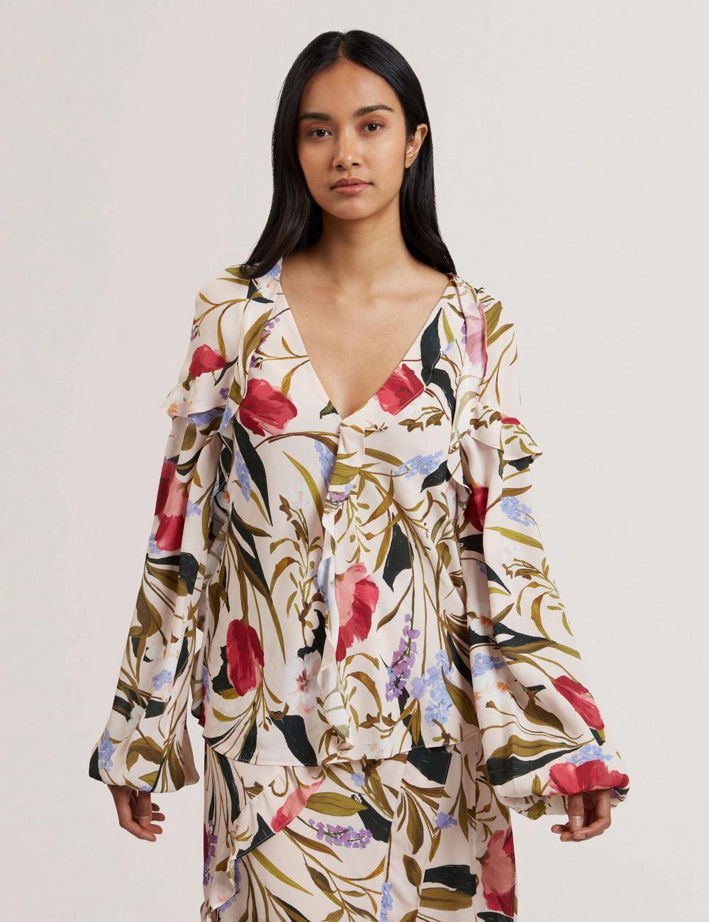 Ted Baker MINASA - Floral Print Frill Trim Long Sleeve ブラウス レディース ピンク | Japan  BKLC-17684