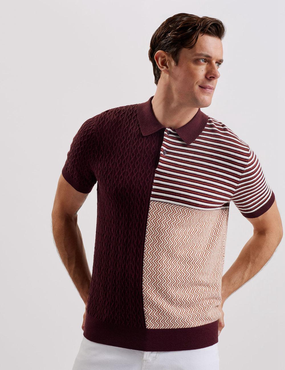 Ted Baker MINSTA - Textured Patchwork Knit ポロシャツ メンズ ボルドー | Japan  RWDX-14256