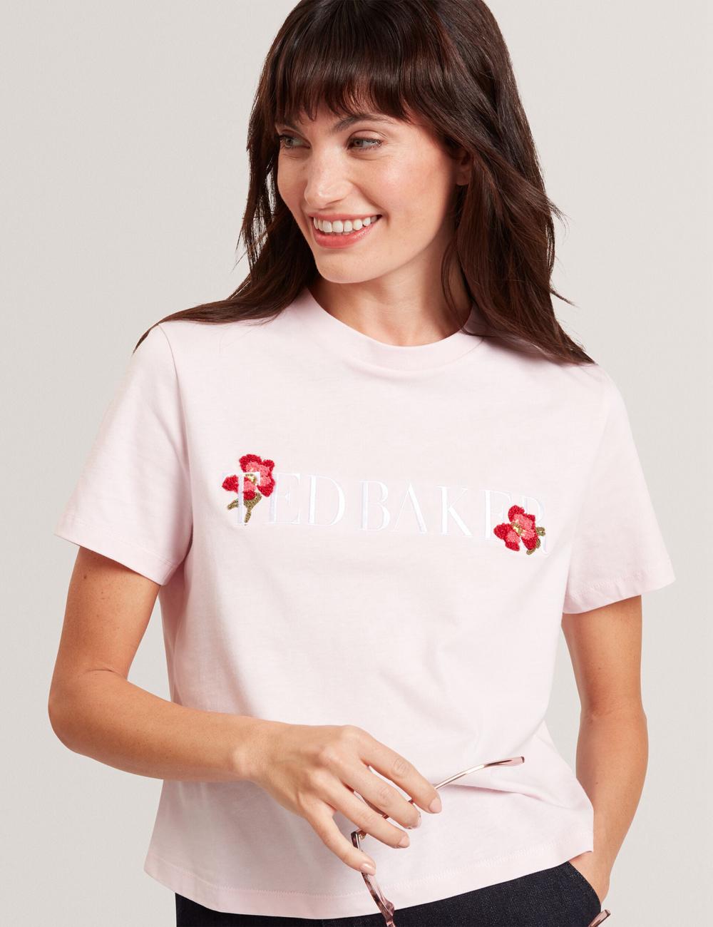 Ted Baker MOLII - Embroidered Logo Cropped Cotton Tシャツ レディース ピンク | Japan  PWNY-61453
