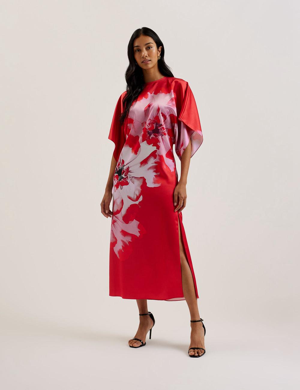 Ted Baker NASINU - Printed Satin Batwing Sleeve ミディドレス レディース 赤 | Japan  DWNB-74369