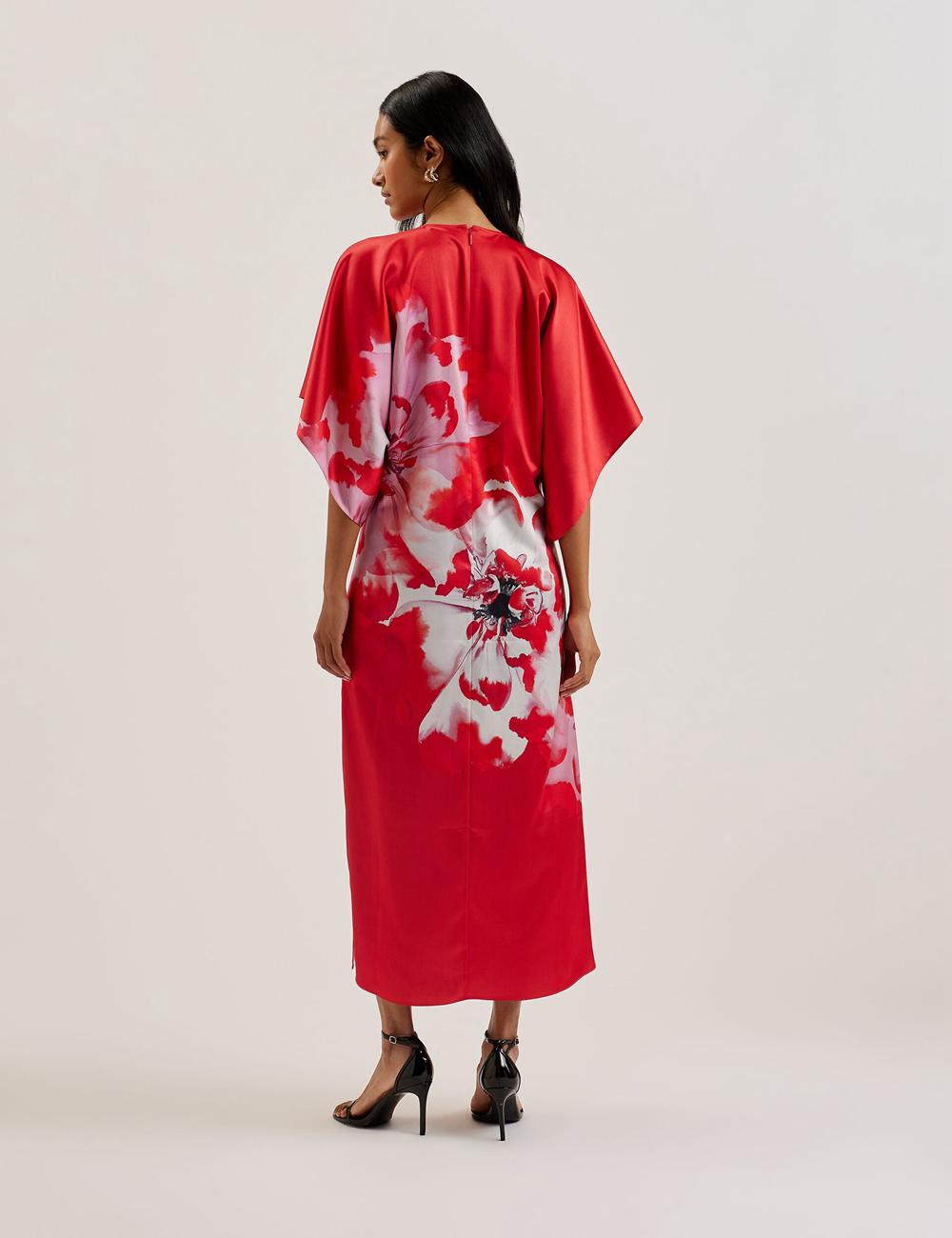 Ted Baker NASINU - Printed Satin Batwing Sleeve ミディドレス レディース 赤 | Japan  DWNB-74369