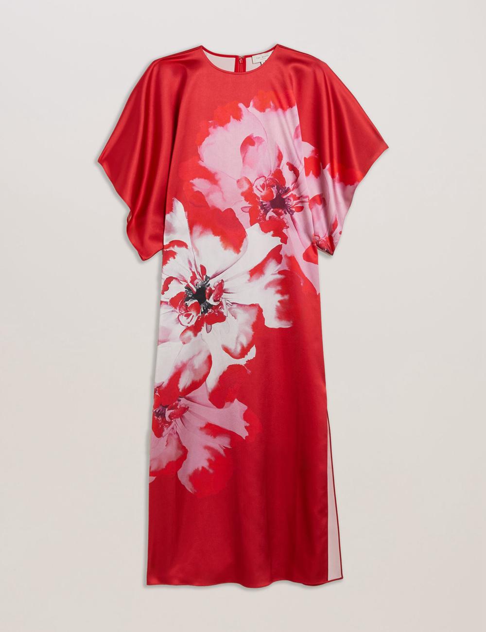 Ted Baker NASINU - Printed Satin Batwing Sleeve ミディドレス レディース 赤 | Japan  DWNB-74369