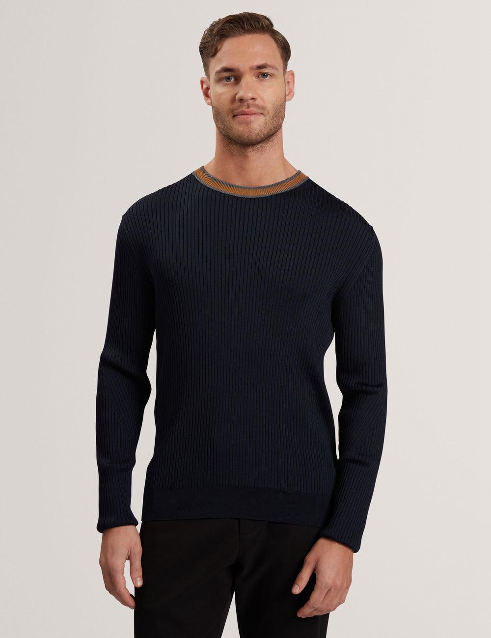 Ted Baker NAYOR - Long Sleeve Rayon Ribbed Crew Neck ジャンパー メンズ ネイビー | Japan  MRSY-27815