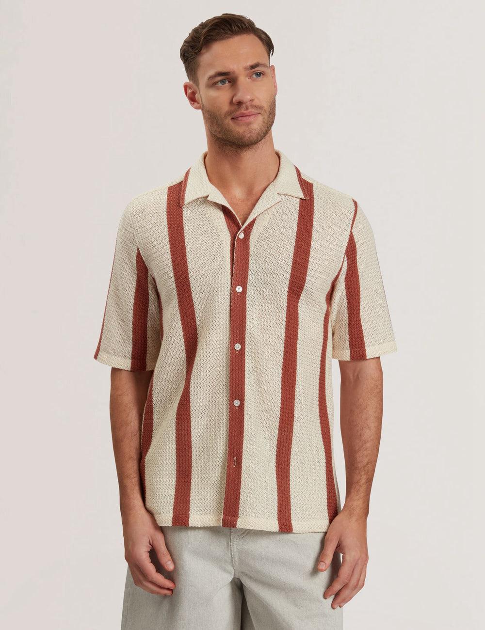 Ted Baker NIKS - Short Sleeve Stripe Crochet Oversized シャツ メンズ Taupe | Japan  TSGD-05891